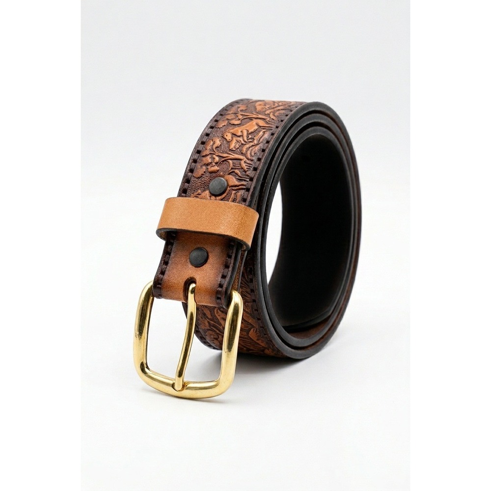 3D Belt Boys 22‎ Brown Tooled Horse Scene Genuine Leather Western Cowboy